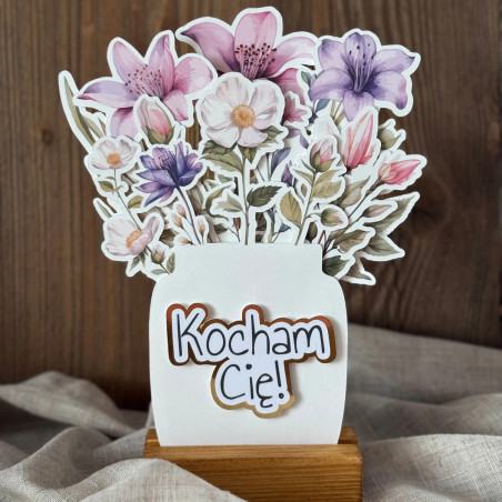 Bukiet kwiatów 3D z personalizacją na drewnianej podstawce - kolorowa ozdoba handmade na wazon