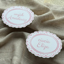 Personalizowana leżąca winietka urodzinowa Belinda I z różową ramką i imieniem gościa.