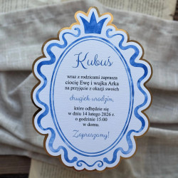 Regia - dziecięce zaproszenie w kolorze niebieskim podklejone złotym papierem lustrzanym