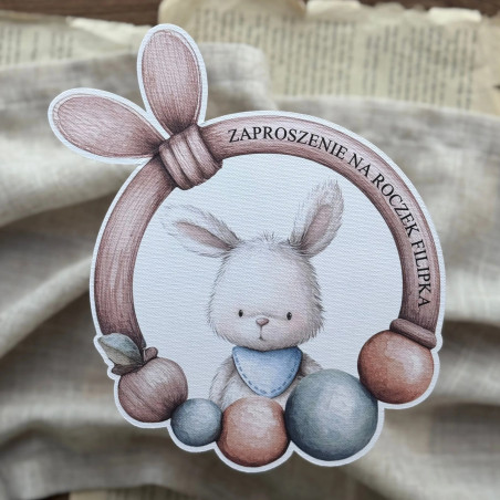 Zaproszenie Rino - w kształcie grzechotki z króliczkiem