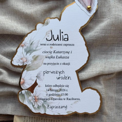 Zaproszenie dziecięce Flora - widoczna treść zaproszenia, podklejona złotym papierem lustrzanym