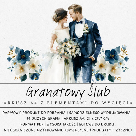 Zdjęcie główne darmowego arkusza z  grafikami ślubnymi w odcieniu granatowym do druku i wycięcia