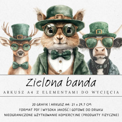 Zestaw Zielona Banda z 20 grafikami zwierząt w zielonych kapeluszach i stylowych okularach: m.in. jeleń, wiewiórka i krowa.