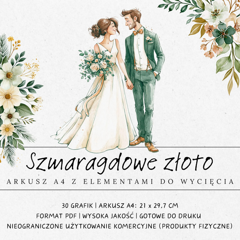 Grafika z nazwą arkusza A4 - szmaragdowe złoto. Grafiki ślubne butelkowa zieleń.
