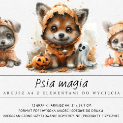 Zestaw 12 grafik do druku i wycięcia inspirowanych halloweenowymi psiami