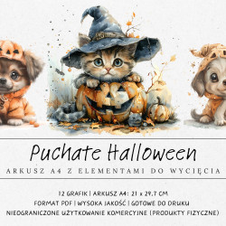 Zestaw 12 grafik do druku i wycięcia inspirowanych halloweenowymi psami i kotami