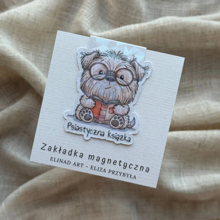 Zakładka magnetyczna z folią diamentową z grafiką psa w okularach czytającego książkę