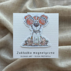 Zakładka magnetyczna z folią brokatową z grafiką  psa w spodniach i okularach
