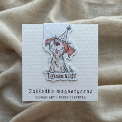Zakładka magnetyczna z folią brokatową z grafiką psa w urodzinowej czapce z tekstem "trzymam wartę!"