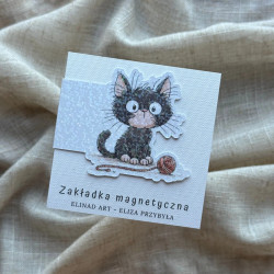 Zakładka magnetyczna z folią brokatową i grafiką kota siedzącego obok kłębka wełny