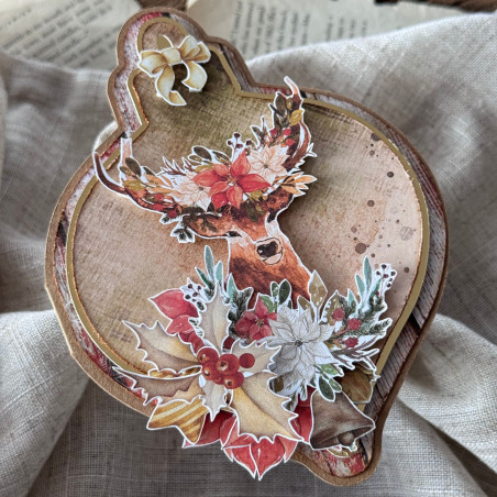 Świąteczna kartka handmade w kształcie bombki wykonana z bazy i wzorników – warstwowa kompozycja z zimowymi dekoracjam