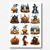 Arkusz z halloweenowymi grafikami takimi jak dynie, duchy, czarownice.