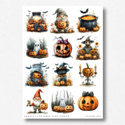 Arkusz A4 z 12 halloweenowymi grafikami: dynie, krasnale, słoiki, duchy, strach na wróble i zupa dyniowa w mrocznym klimacie.