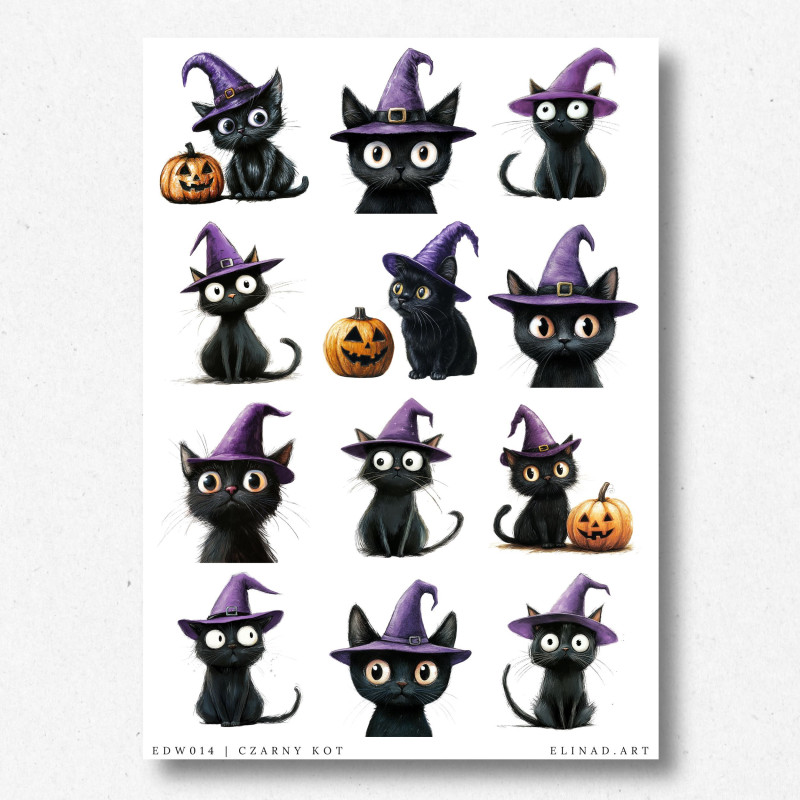 Arkusz A4 z 12 halloweenowymi grafikami czarnego kota w różnych pozach, z fioletowym kapeluszem czarownicy na głowie.