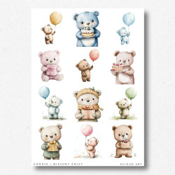 Zestaw 12 ilustracji uroczych misiów bez tła – idealne do scrapbooking, kartek okolicznościowych i rękodzieła z papieru.