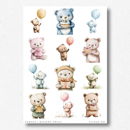 Zestaw 12 ilustracji uroczych misiów bez tła – idealne do scrapbooking, kartek okolicznościowych i rękodzieła z papieru.