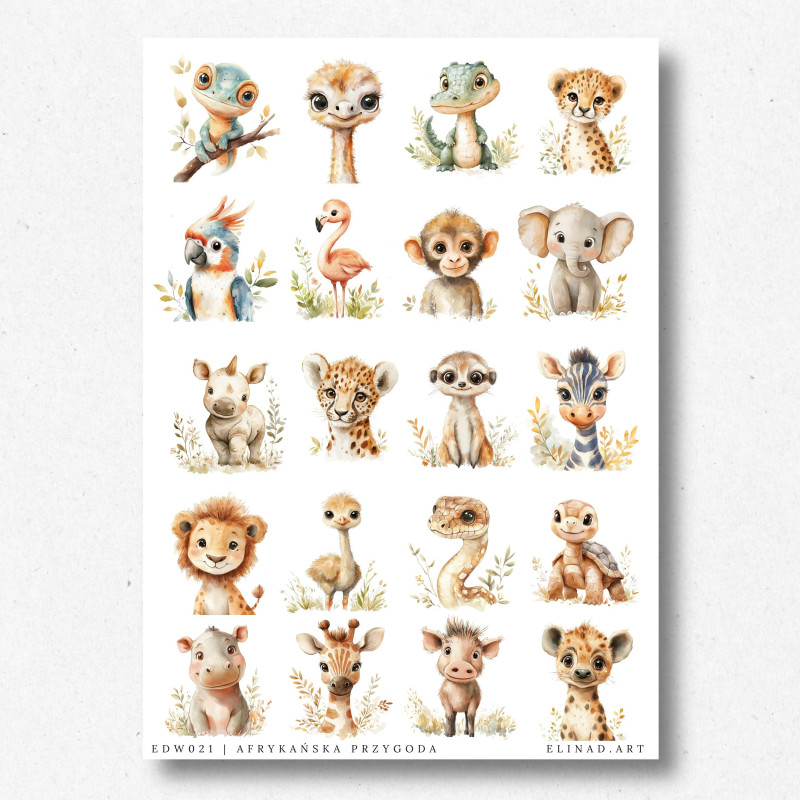 Gotowy arkusz A4 z 20 grafikami zwierząt safari – zwierzęta w pastelowych barwach, do projektów papierowych i DIY.