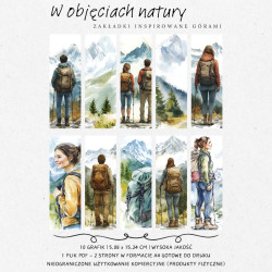 Cyfrowe zakładki do książki z motywem gór, wędrowców i natury – PDF do druku