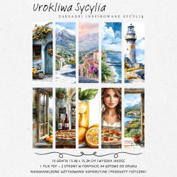 Cyfrowe zakładki do książek w sycylijskim stylu z motywami cytrusów, pizzy i widoków.