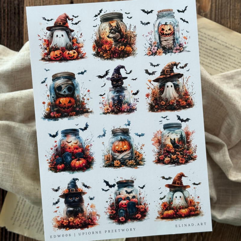 Wydrukowany arkusz A4 z 12 grafikami przedstawiającymi halloweenowe słoiki, gotowy do wycięcia.