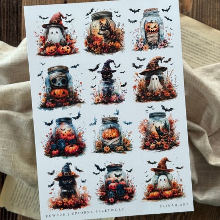 Wydrukowany arkusz A4 z 12 grafikami przedstawiającymi halloweenowe słoiki, gotowy do wycięcia.
