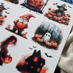 Zbliżenie na wydrukowany arkusz z halloweenowymi grafikami takimi jak dynie, duchy, czarownice.