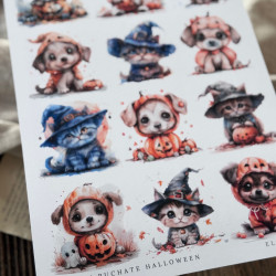 Zbliżenie na wydrukowany arkusz A4 z halloweenowymi pieskami i kotami w ciekawych kostiumach.
