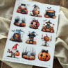 Zbliżenie na wydrukowany arkusz  A z 12 halloweenowymi grafikami: dynie, krasnale, słoiki, duchy.