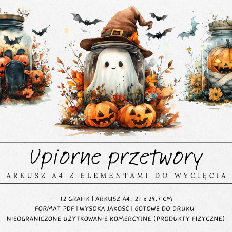 Elementy do samodzielnego druku i wycięcia. Arkusz A4 z halloweenowymi grafikami
