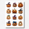 Arkusz z halloweenowymi grafikami przedstawiającymi różne dynie w pomarańczowych odcieniach.