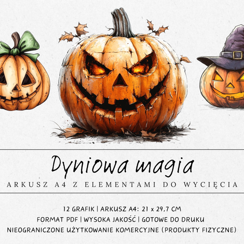 Zdjęcie prezentujące kolekcję grafik do druku i samodzielnego wycięcia w halloweenowym klimacie.