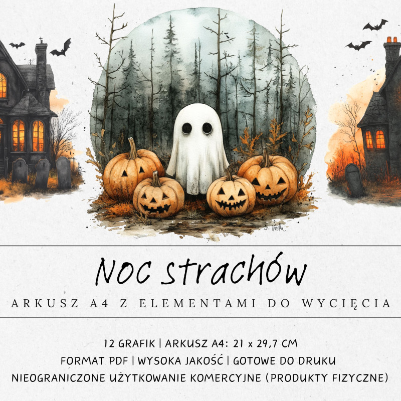 Zdjęcie prezentujące kolekcję halloweenowych grafik do druku i samodzielnego wycięcia.