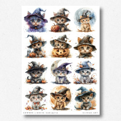Arkusz z 12 grafikami kotów pasujacych do magicznych i halloweenowych projektów handmade.