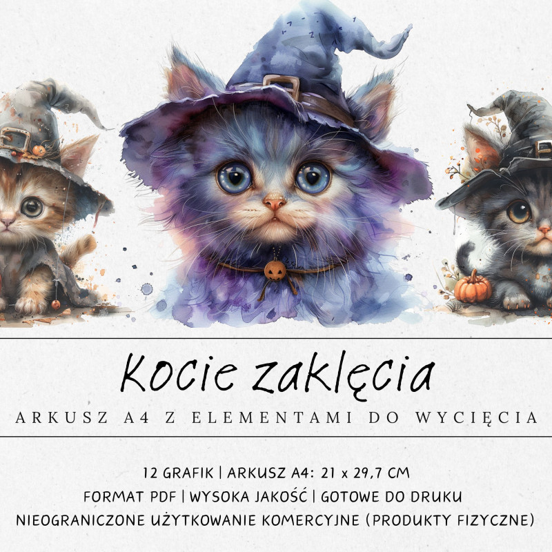 Zdjęcie prezentujące kolekcję grafik do druku i samodzielnego wycięcia inspirowanych kotami i Halloween.