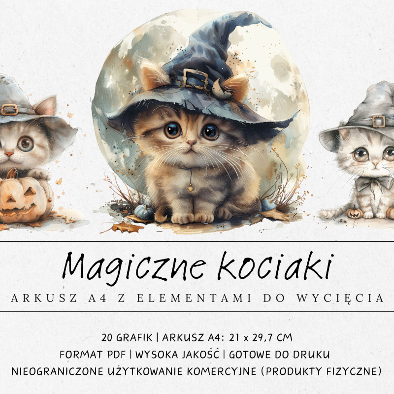 Zestaw 20 grafik do druku i wycięcia inspirowanych magicznymi kociakami. Dodatek do prac scrapbookingowych.