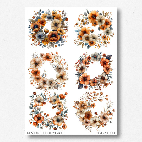 Arkusz A4 z 6 grafikami boho wianków kwiatowych do samodzielnego wycięcia