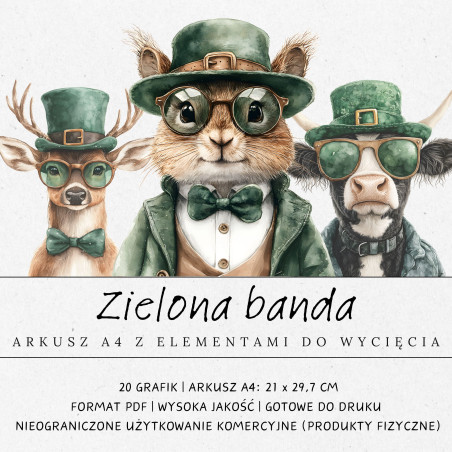 Zestaw Zielona Banda z 20 grafikami zwierząt w zielonych kapeluszach i stylowych okularach: m.in. jeleń, wiewiórka i krowa.