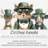 Zestaw Zielona Banda z 20 grafikami zwierząt w zielonych kapeluszach i stylowych okularach: m.in. jeleń, wiewiórka i krowa.