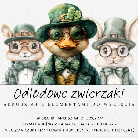 Elementy do samodzielnego druku i wycięcia. Wiewiórka, kaczka i królik ubrane w zielone kapelusze i okulary.