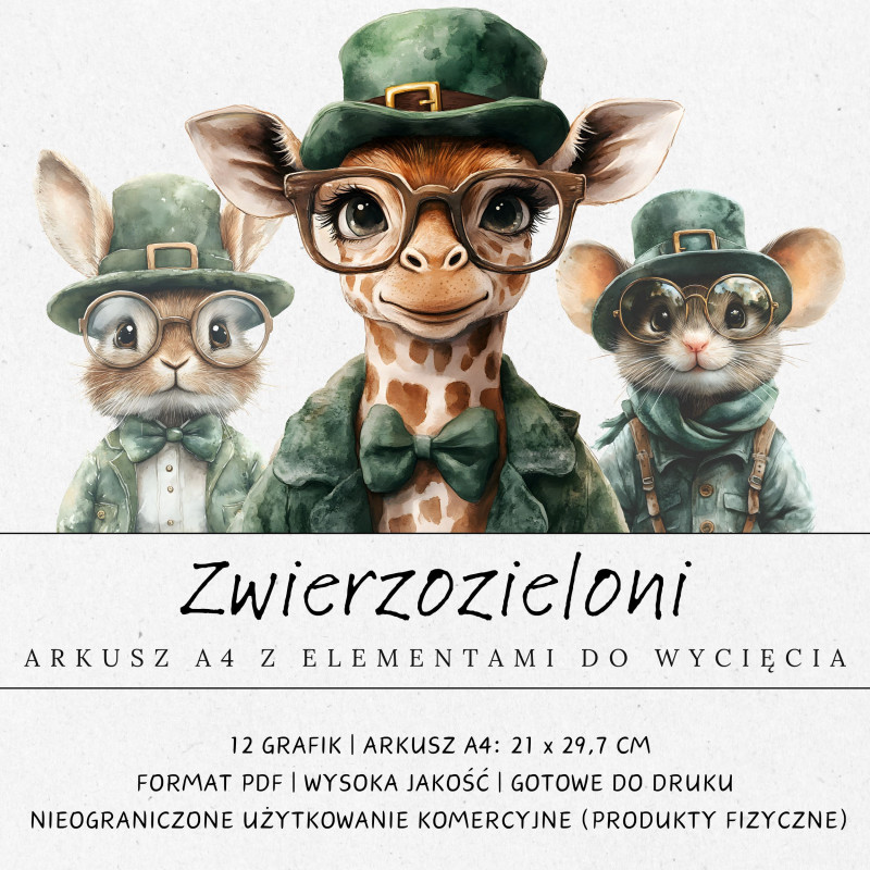 Zestaw Zwierzozieloni z 12 grafikami zwierząt w zielonych kapeluszach i stylowych okularach: m.in. lis, sowa, żyrafa.