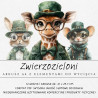 Zestaw Zwierzozieloni z 12 grafikami zwierząt w zielonych kapeluszach i stylowych okularach: m.in. lis, sowa, żyrafa.