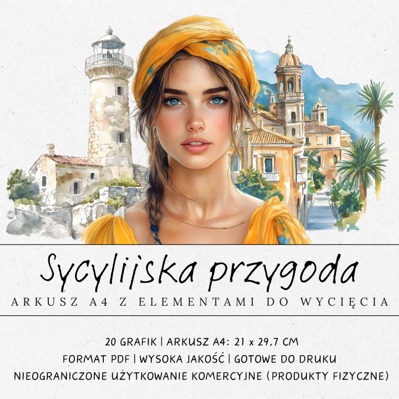 Zdjęcie prezentujące kolekcję grafik do druku i samodzielnego wycięcia inspirowanych Sycylią.