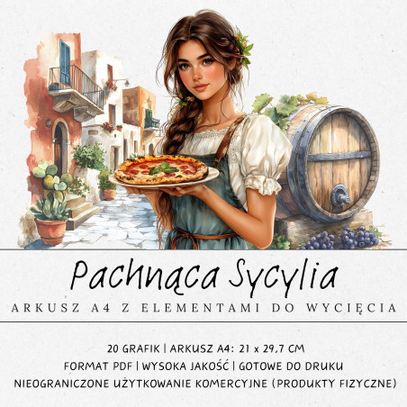 Zestaw 20 grafik do druku i wycięcia inspirowane pachnącą Sycylią. Dodatek do prac scrapbookingowych.