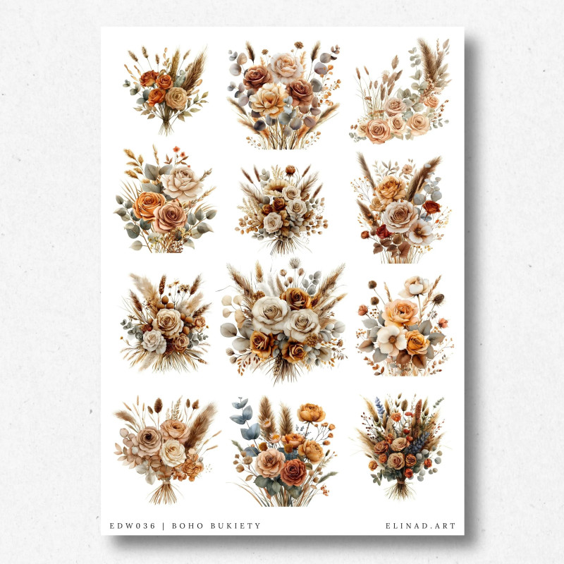 Arkusz z grafikami do wycięcia do DIY - boho bukiety